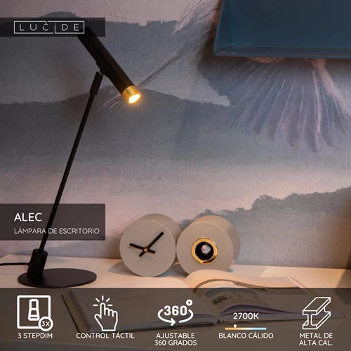 Lucide ALEC - Lámpara de escritorio - LED 3 StepDim - G9 - 1x3W 2700K - Incluye anillos intercambiables - Negro - USP